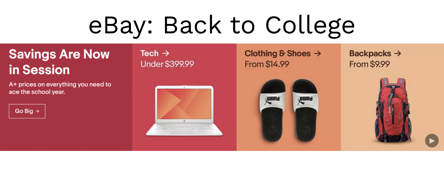 A promotional eBay advertisement with the headline "Back to College" and subheading "Savings Are Now in Session." It features sections for tech items under $399.99, footwear starting at $14.99, and backpacks starting at $9.99, displaying an image of