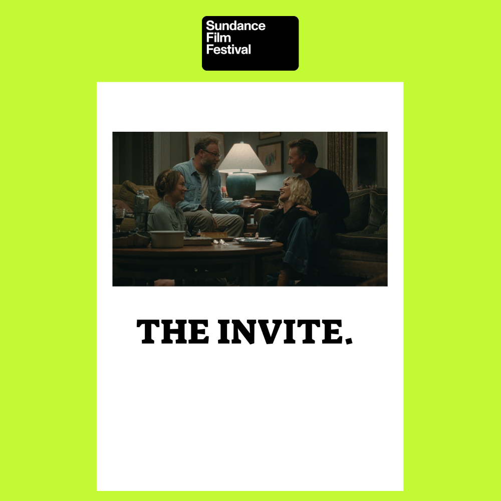 A poster for the Sundance Film Festival featuring a scene of four people sitting and smiling in a cozy living room.