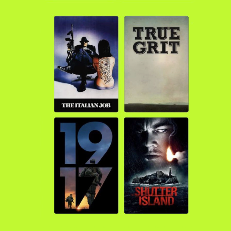 A collage of four movie posters against a bright green background. Top left: "The Italian Job" with characters sitting and standing near a car, with a woman showing tattoos on her back. Top right: "True Grit" with a minimalist landscape background an