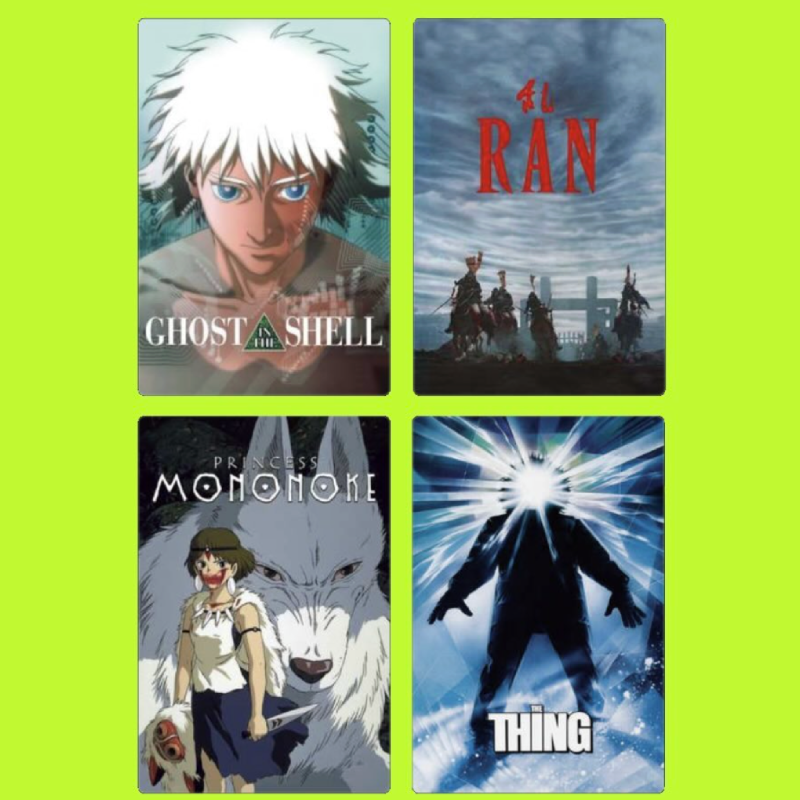 A collage of four animated movie posters on a bright green background. Top left: "Ghost in the Shell" featuring a white-haired character with blue eyes. Top right: "Ran" showing a battlefield scene with warriors on horseback. Bottom left: "Princess M
