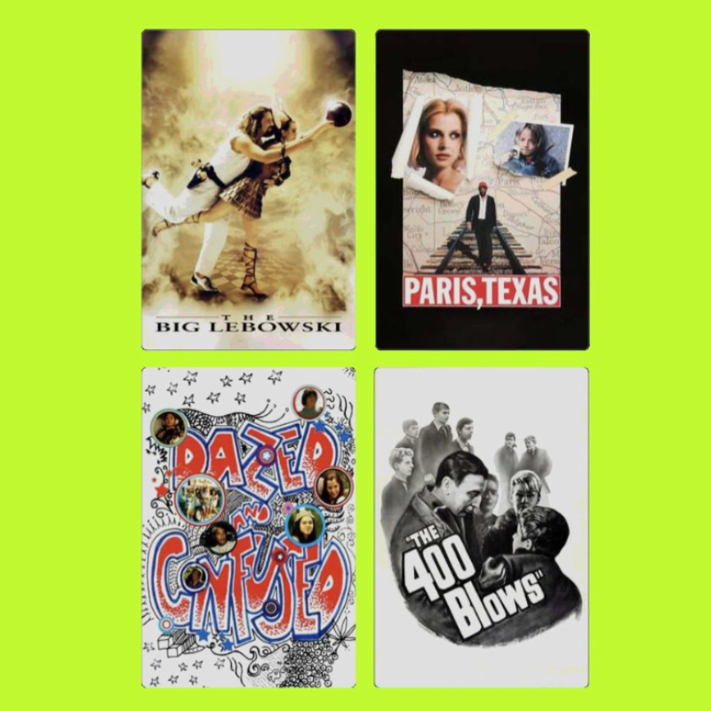 Four different movie posters: 'The Big Lebowski', 'Paris, Texas', 'Dazed and Confused', and 'The 400 Blows'.
