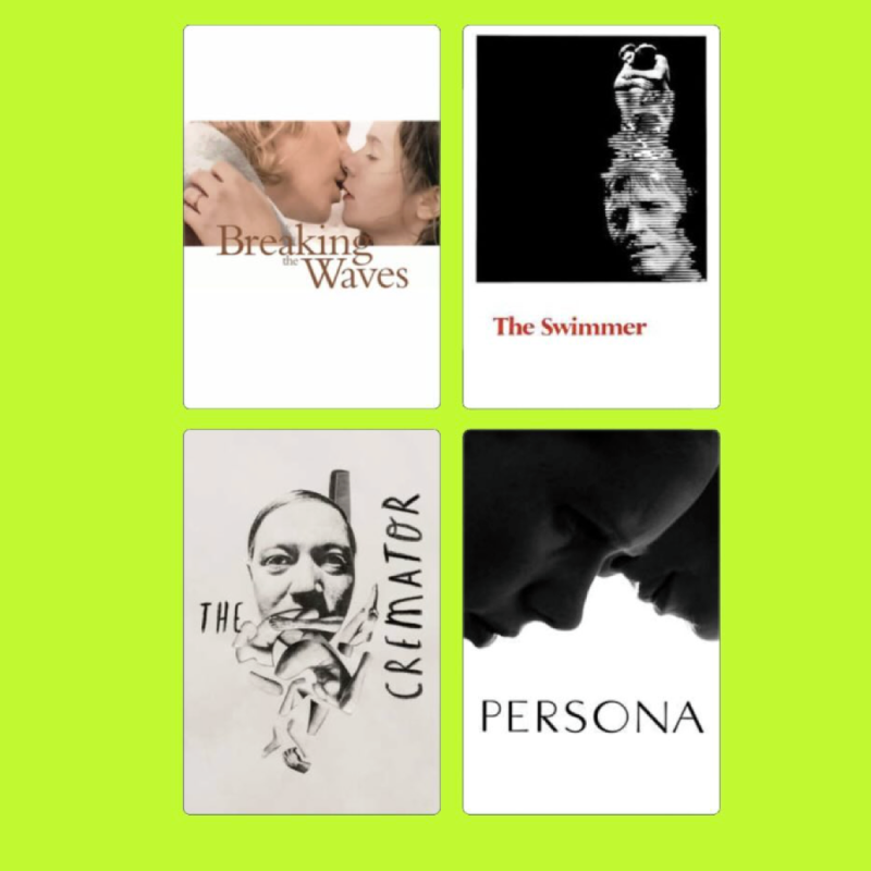 Four book covers arranged in a grid on a bright green background. Top left: "Breaking the Waves" with an image of two people about to kiss. Top right: "The Swimmer" with a monochrome image of a person swimming. Bottom left: "The Creator" with a black