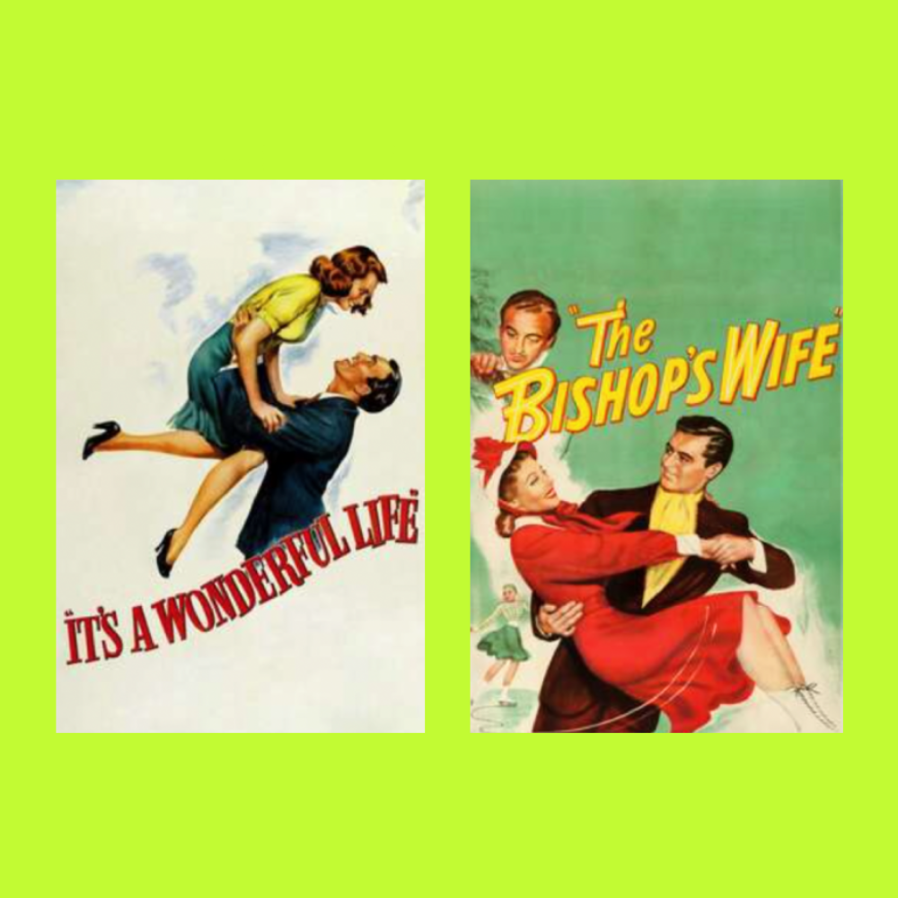 Vintage movie posters, one titled "It's a Wonderful Life" showing a man lifting a woman in a dress, and the other titled "The Bishop's Wife" with a man and woman dancing, both set against a bright lime green background.