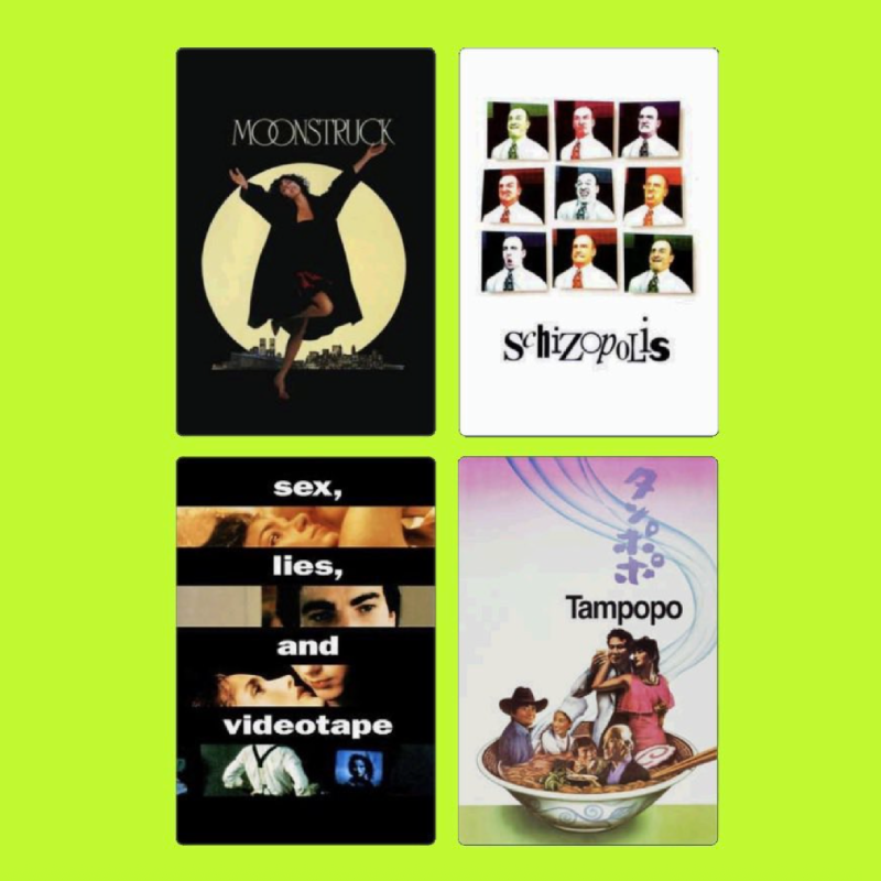 Four posters on a bright green background. The top left poster is for the movie "Moonstruck" and features a woman dancing and jumping with a moon in the background. The top right poster is for "Schizopolis" and shows nine stylized portraits of men. T