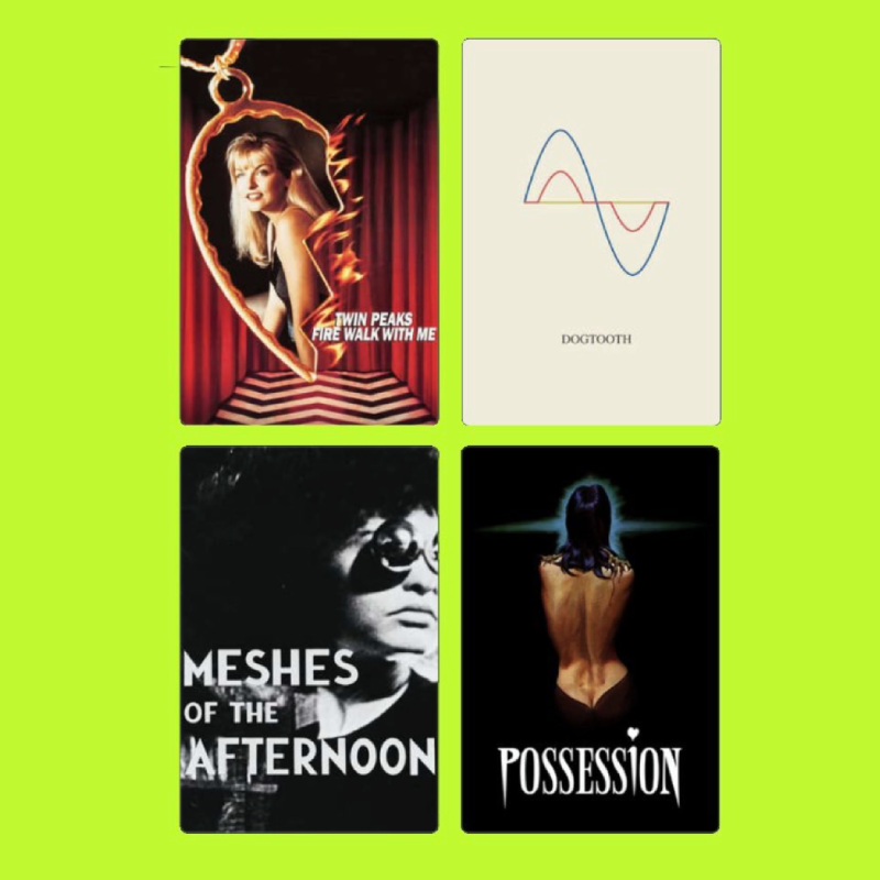 A collage of four album covers arranged in a 2x2 grid with a bright green background. Top left: Album cover with a woman inside a fiery heart-shaped frame, titled "Twin Peaks: Fire Walk With Me." Top right: Minimalist line drawing titled "Dogtooth." 