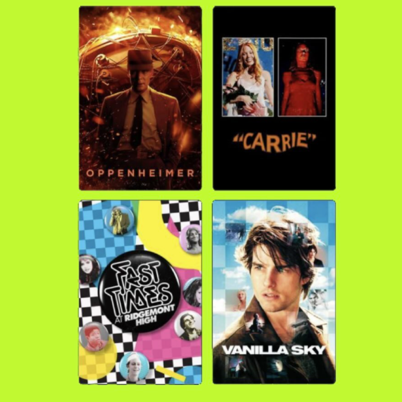 Four movie posters arranged in a grid, including 'Oppenheimer,' 'Carrie,' 'Fast Times at Ridgemont High,' and 'Vanilla Sky.'
