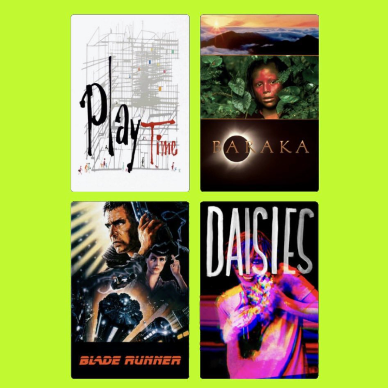 Four movie posters arranged in a grid. Top left: Poster for 'Playtime' with abstract road design. Top right: Poster for 'Para' featuring a child's face and natural scenery. Bottom left: Poster for 'Blade Runner' showing a man with a gun and a woman. 
