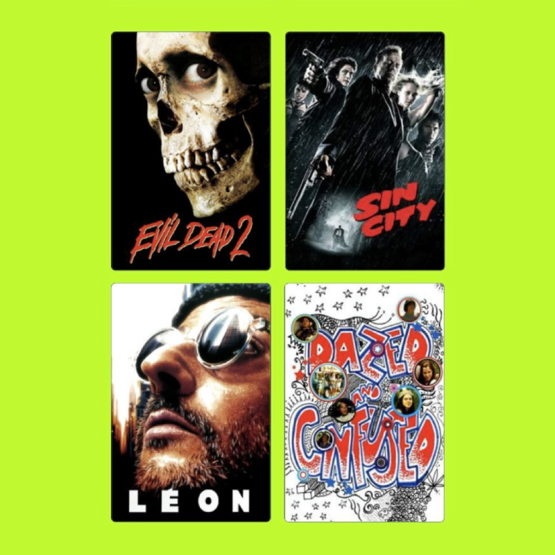 Four movie posters arranged in a grid on a green background. Top left: "Evil Dead 2" with a skull and an eye. Top right: "Sin City" showing several characters in a noir style rain scene. Bottom left: "Léon" featuring a close-up of a man with sunglass