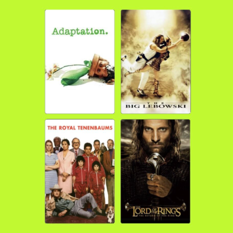 A collage of four images with a bright green background. Top left: a blooming plant with the word "Adaptation." above it. Top right: a woman and a young girl playing basketball outdoors, with the woman holding a ball. Bottom left: the cast of "The Ro