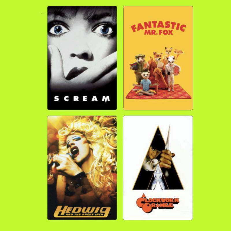 Four movie posters: Top left is the poster for 'Scream' featuring a close-up of a woman's face with wide eyes and hands framing her face; top right is the poster for 'Fantastic Mr. Fox' with animated fox characters on a yellow background; bottom left