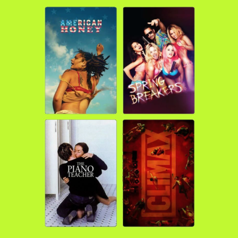 Four DVD covers: 'American Honey' featuring a woman with dreadlocks looking at the sky, 'Spring Breakers' showing a group of young women in colorful swimsuits and a man with sunglasses, 'The Piano Teacher' with a woman and man embracing in a hallway,
