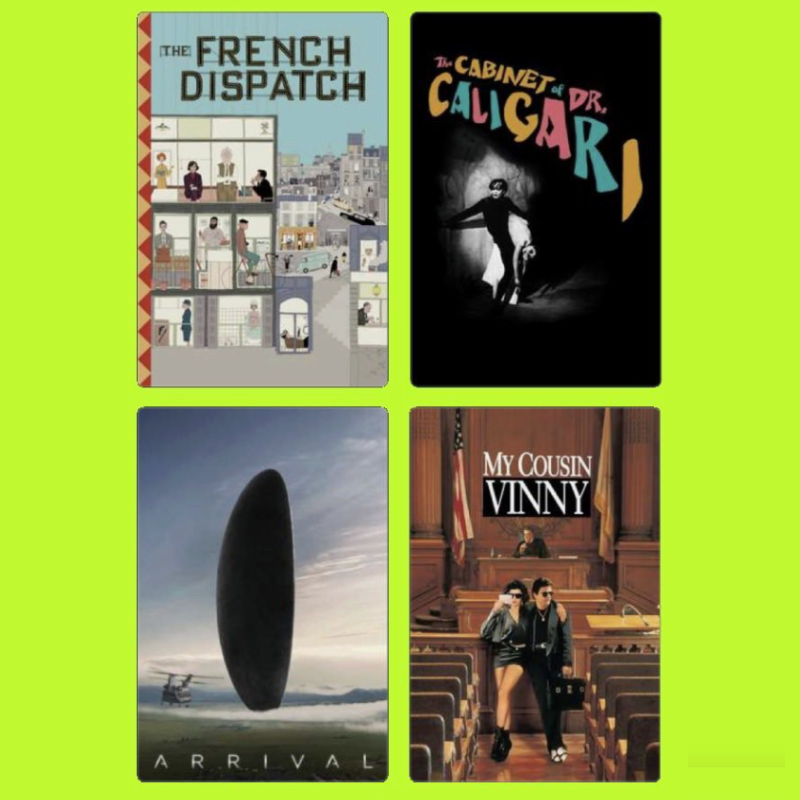 Four posters for different movies displayed on a lime green background. Top left: "The French Dispatch" with illustrated city scenes. Top right: "The Cabinet of Dr. Caligari" with a black and white image of a person with a dark background. Bottom lef