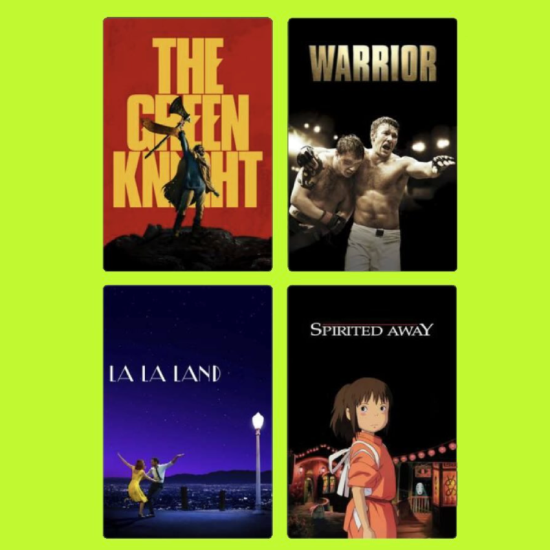 Four movie posters arranged in a grid with a green background. Top left: The Green Knight poster with a knight on horseback wielding an axe. Top right: Warrior poster with two shirtless men celebrating. Bottom left: La La Land poster with a couple da