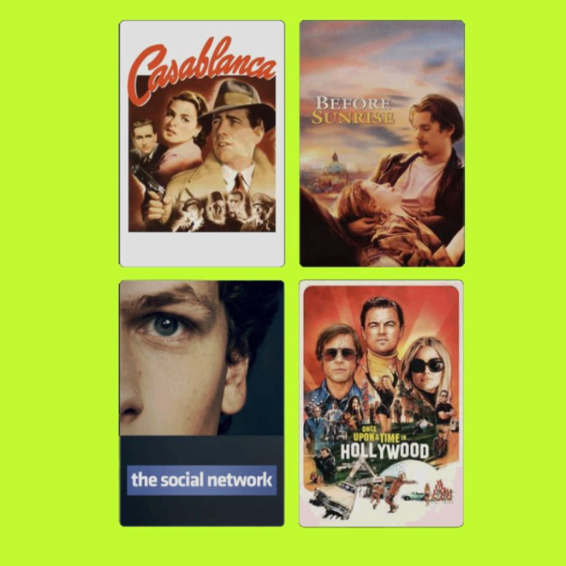 A collage of four different movie posters on a bright green background. The top left poster is for 'Casablanca' featuring iconic characters. The top right is for 'Before Sunrise,' showing a couple lying on a hill at sunset. The bottom left features a
