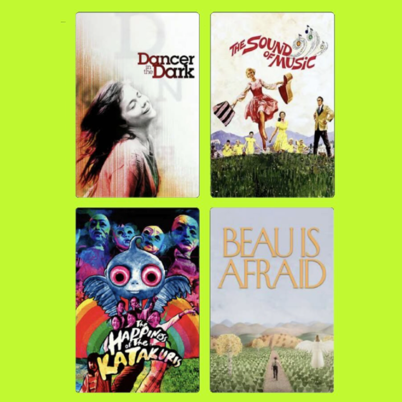 Four movie posters arranged in a grid. Top left: Poster for "Dancer in the Dark" featuring a smiling woman with long hair. Top right: Poster for "The Sound of Music" showing a woman in a pink dress jumping, with others on the grass. Bottom left: Post