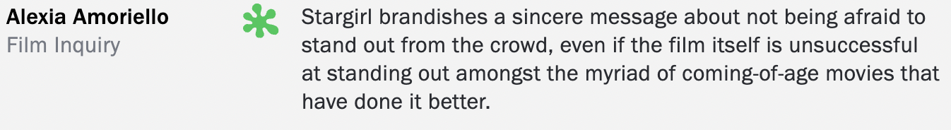 Screen capture of a review about Alexia Amoriello from Film Inquiry, mentioning Stargirl's message about standing out in the crowd.