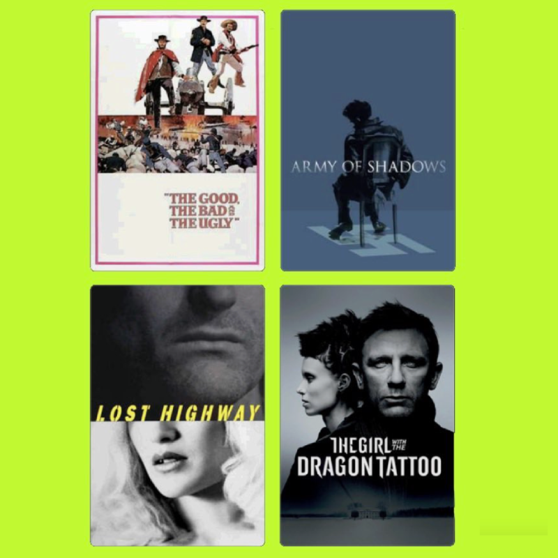 Four movie posters arranged in a 2x2 grid on a bright green background. Top left: 'The Good, the Bad & the Ugly' with images of three cowboys. Top right: 'Army of Shadows' with a silhouette of a seated person against a blue background. Bottom left: '