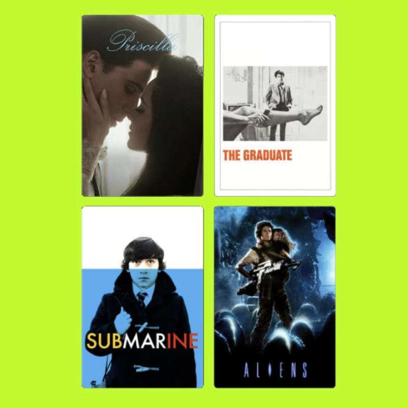 A collage of four images showcasing different themes: a romantic scene of a man and woman about to kiss, a black-and-white movie poster with a person holding an injured leg, a young boy in a school uniform with the word "SUBMARINE," and a sci-fi movi
