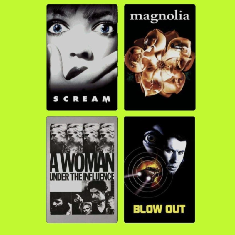 A digital collage of four vintage movie posters on a bright green background. Top left shows a poster of the film 'Scream' with a woman's face and wide eyes. Top right displays the 'Magnolia' poster featuring a flower with faces embedded in its petal