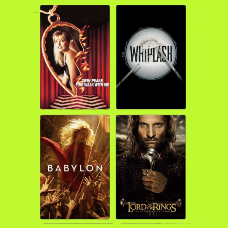 Images of four different album covers or posters. Top left shows a woman with blonde hair in front of a red curtain, titled "Twin Peaks Fire Walk With Me." Top right features a white drum with the word "Whiplash" written across it. Bottom left depict