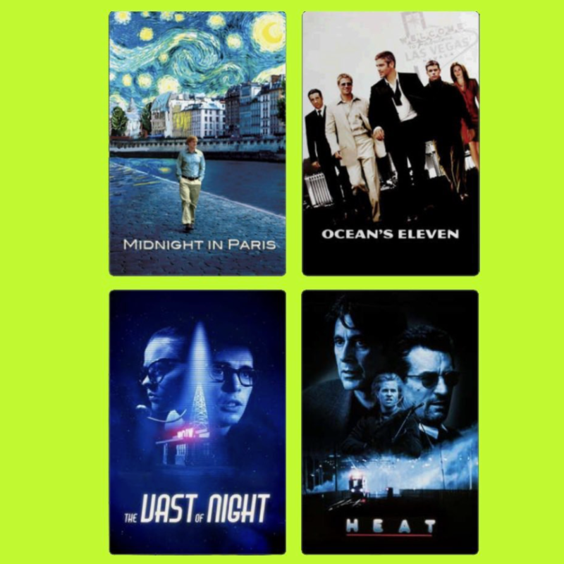 Four movie posters arranged in a grid on a bright green background. Top left: "Midnight in Paris" with an illustration of a woman walking along a waterway under a starry night sky reminiscent of Van Gogh's painting. Top right: "Ocean's Eleven" showin