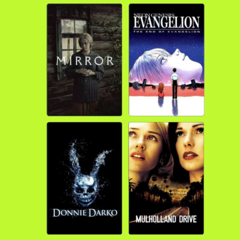 Four movie posters arranged in a 2x2 grid on a bright green background. Top left is 'Mirror' depicting a woman standing in front of a window in a rustic setting. Top right is 'Neon Genesis Evangelion: The End of Evangelion' showing an animated scene 
