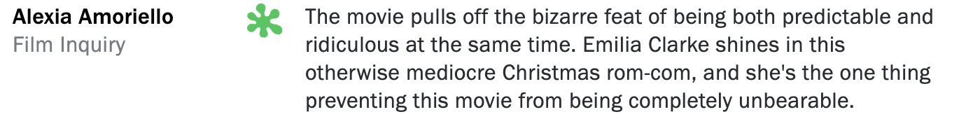 Text excerpt discussing a movie review by Alexia Amoriello from Film Inquiry, mentioning Emilia Clarke and Christmas rom-coms.