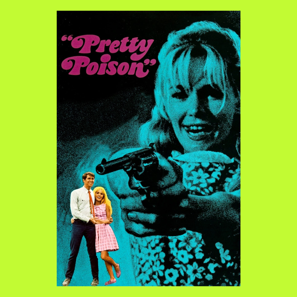 A bright lime green background with a movie poster for 'Pretty Poison,' featuring a woman smiling and pointing a gun, with two children, a boy and girl, standing close together in front of the poster.