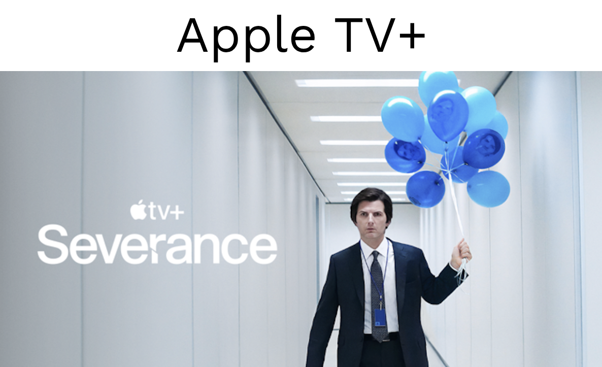 Man in business suit holding blue balloons walking down a corridor with the text 'Apple TV+ Severance' overlayed.
