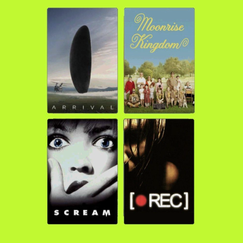 Four images arranged in a 2x2 grid on a bright green background. Top left: A spaceship from the movie "Arrival". Top right: A family photo with the title "Moonrise Kingdom." Bottom left: A close-up black-and-white photo of a woman with wide eyes and 