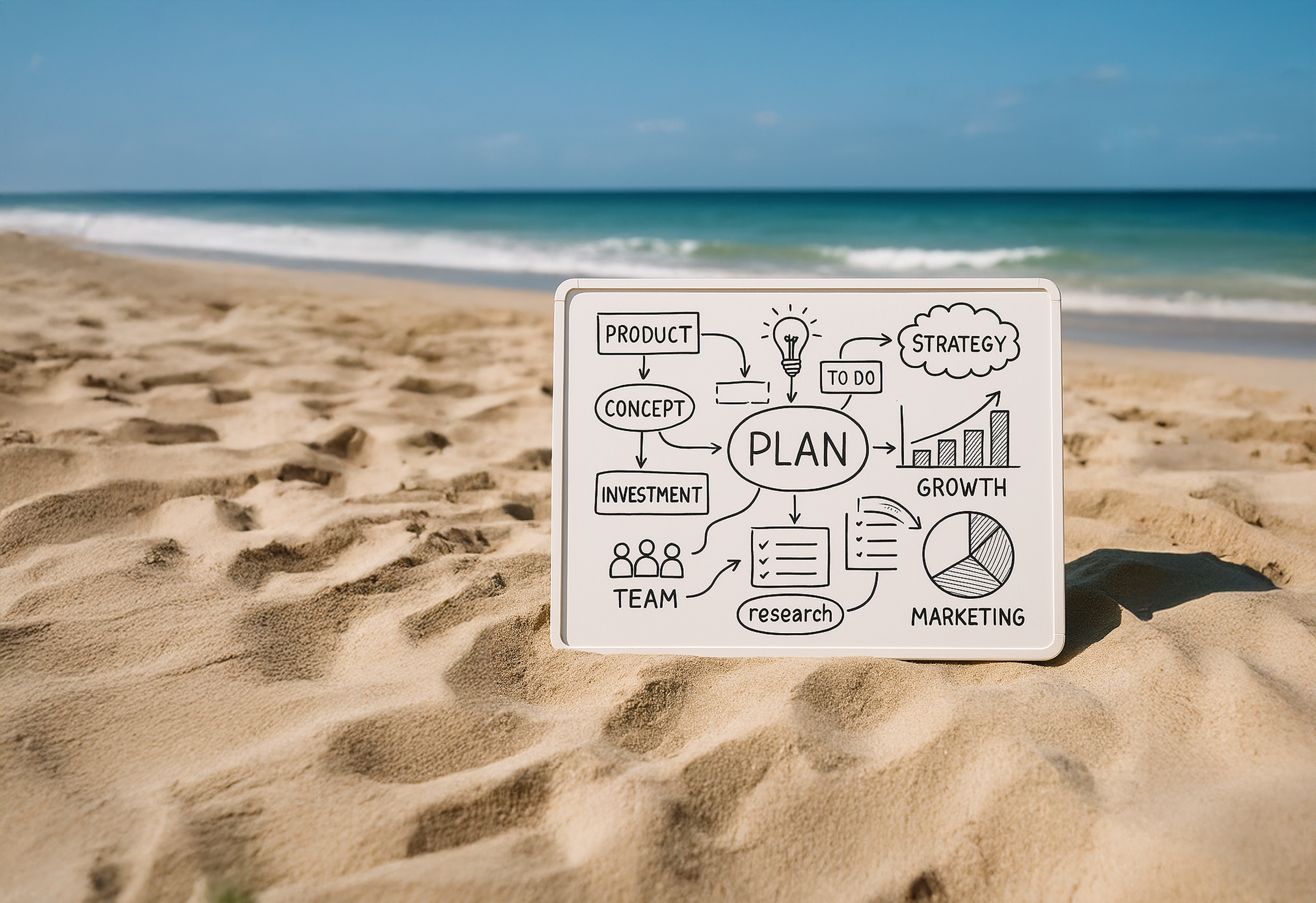 Whiteboard with business plan diagram on sandy beach with ocean and blue sky in the background.