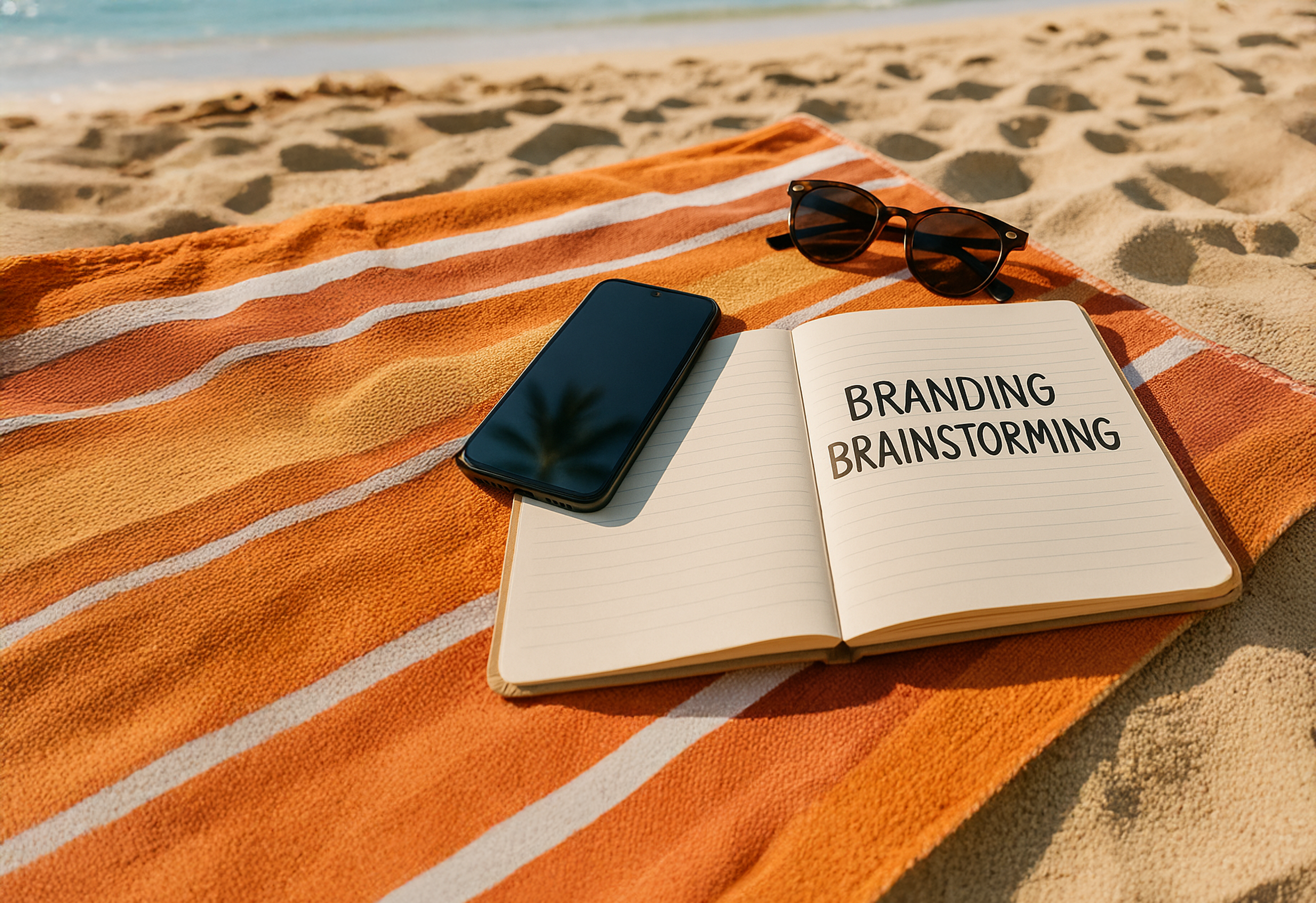 An open notebook with 'Branding Brainstorming' written on pages, a smartphone, and sunglasses on an orange and white striped towel on the sand at the beach.