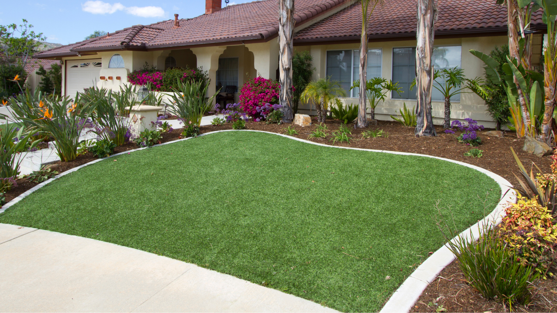 Green lawn with a low mow and ornamental flowers brightly surrounding the property of a house.