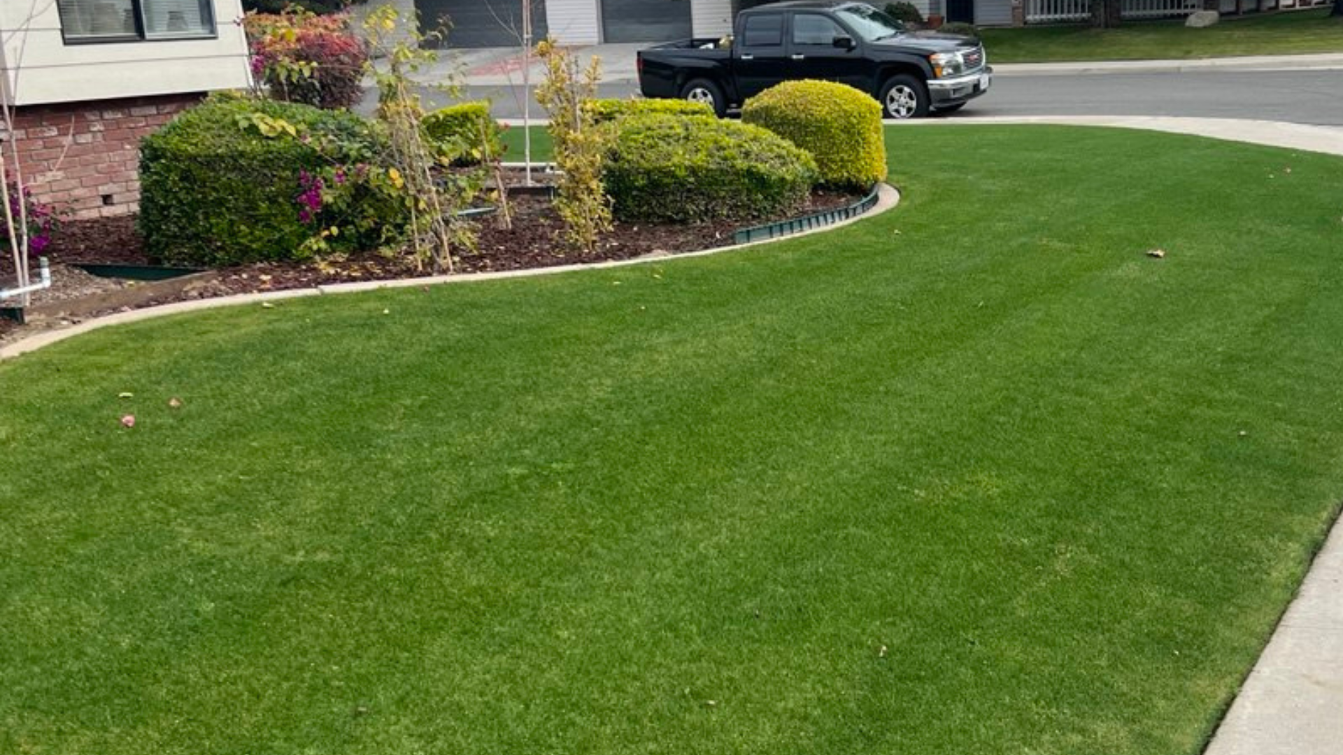 Image of a neatly mowed green lawn on a residential property surrounded by garden beds.