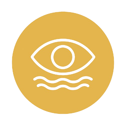 Icon of an eye with waves underneath, on a gold circular background.