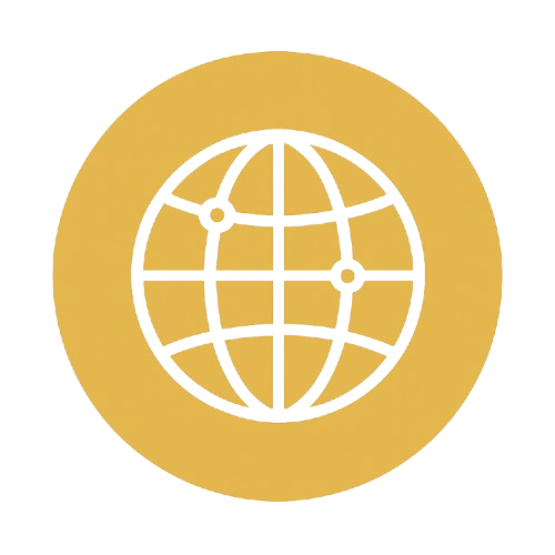 Icon of a globe with latitude and longitude lines, surrounded by a gold circular background.