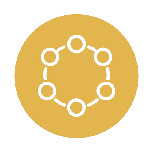 Illustration of a molecule with black circles connected by dashed lines inside a gold circle.