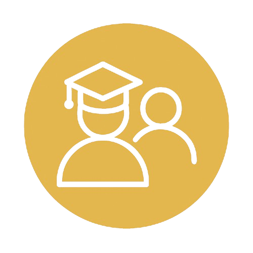Icon of a person wearing a graduation cap with a smaller person behind them, on a gold circular background.