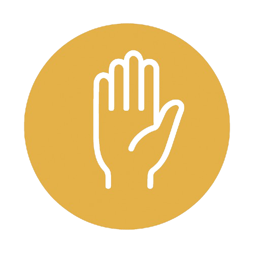 Icon of an open hand outlined in black on a gold circular background