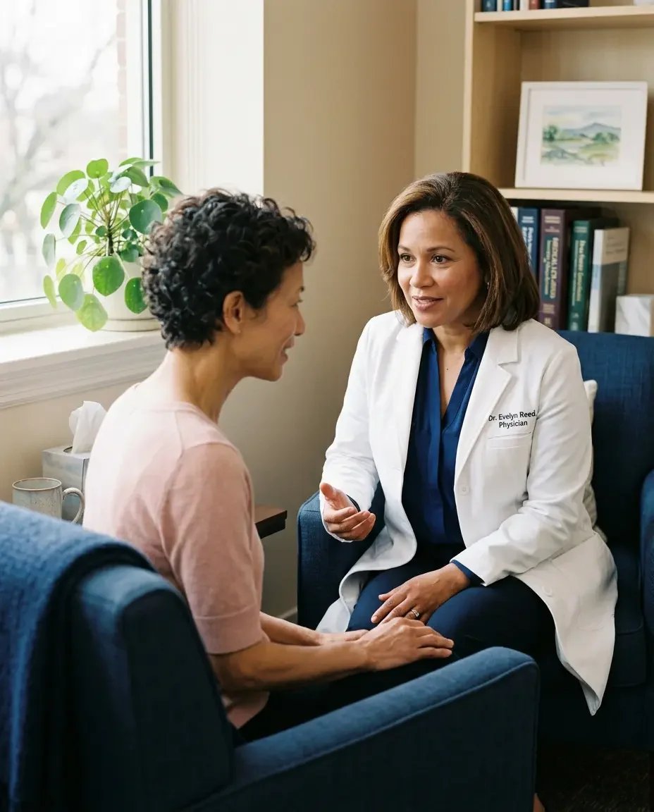 Female physician discussing menopause and hormone therapy with a midlife patient, representing Ms.Medicine's evidence-based approach to menopause management and women's health