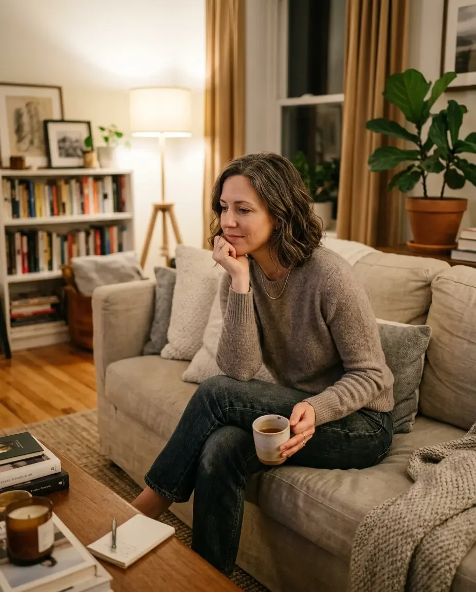 Woman in her early 40s reflecting on perimenopause symptoms representing hormone awareness and women's midlife health