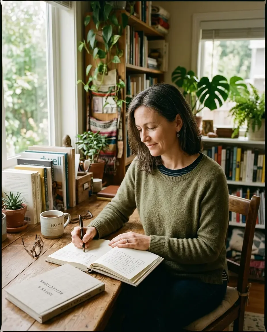 Woman in her mid-40s journaling perimenopause symptoms representing proactive hormone management and women's health tracking at Ms.Medicine