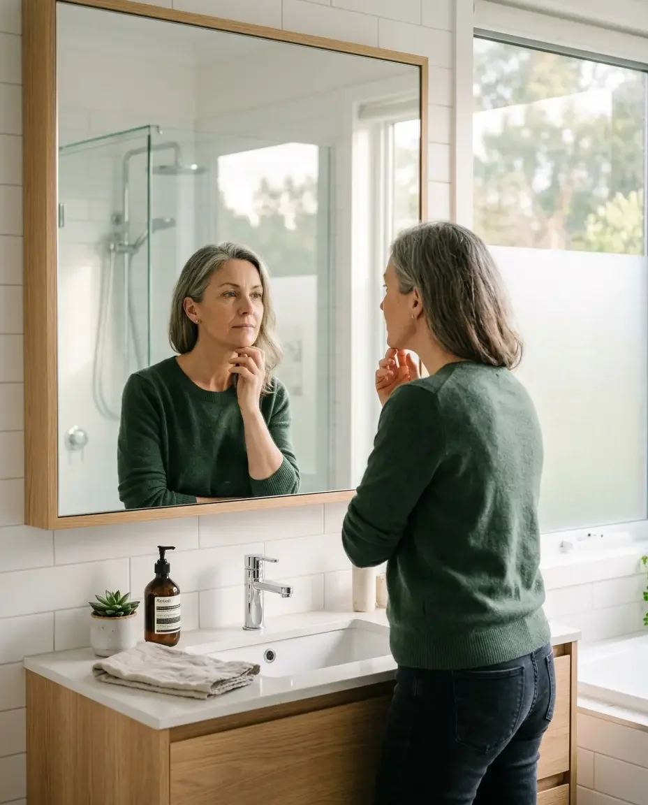 Woman in her late 40s reflecting in mirror representing the emotional impact of female hair loss and thinning during menopause