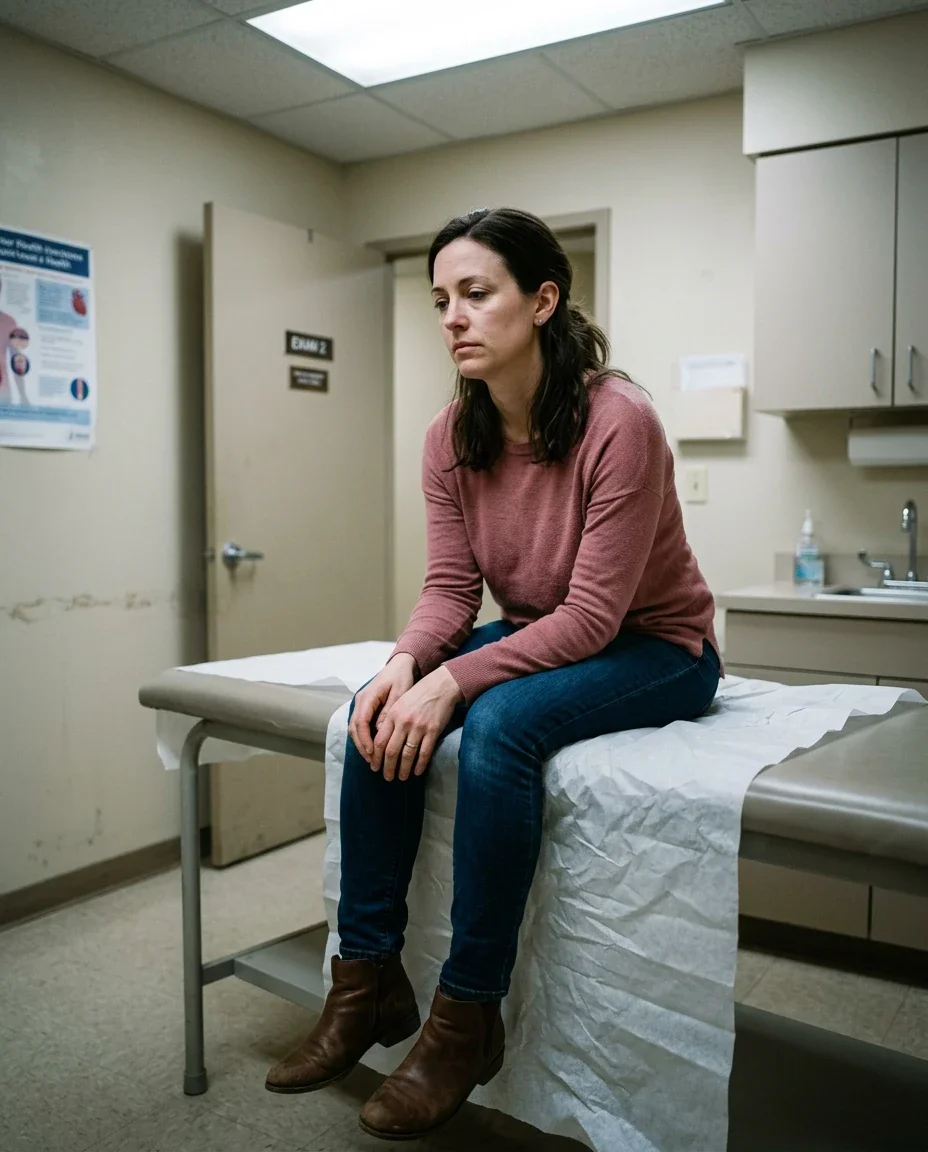Woman in exam room after a rushed appointment, representing the care gaps women face in standard primary care visits