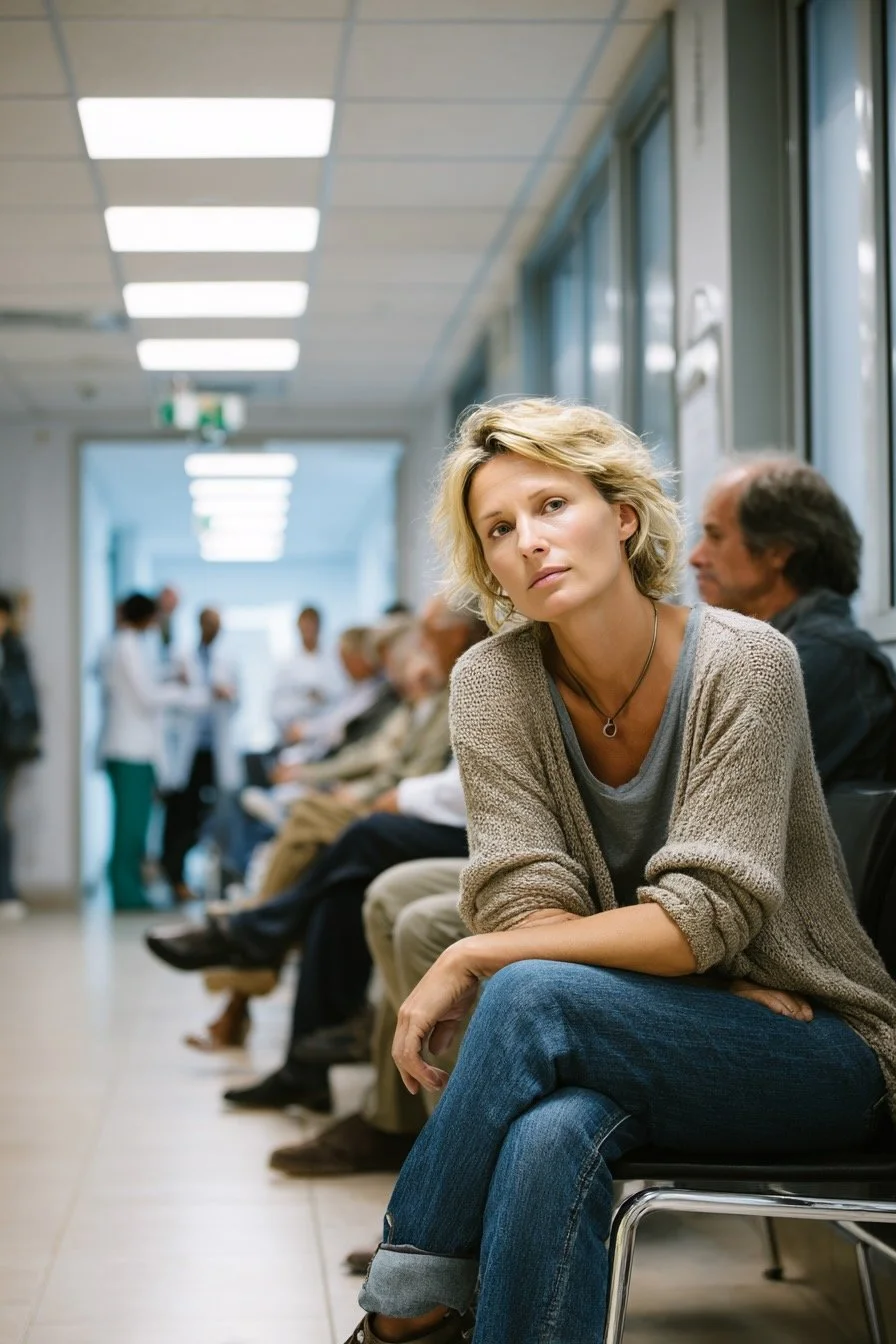 Woman sitting in a crowded medical office waiting room, looking at her phone with a frustrated expression, symbolizing long waits and delays in traditional healthcare.