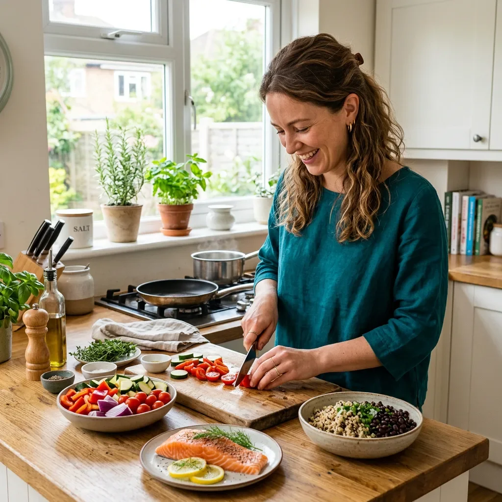 Woman preparing a Mediterranean-style meal — nutrition and hormonal health for women