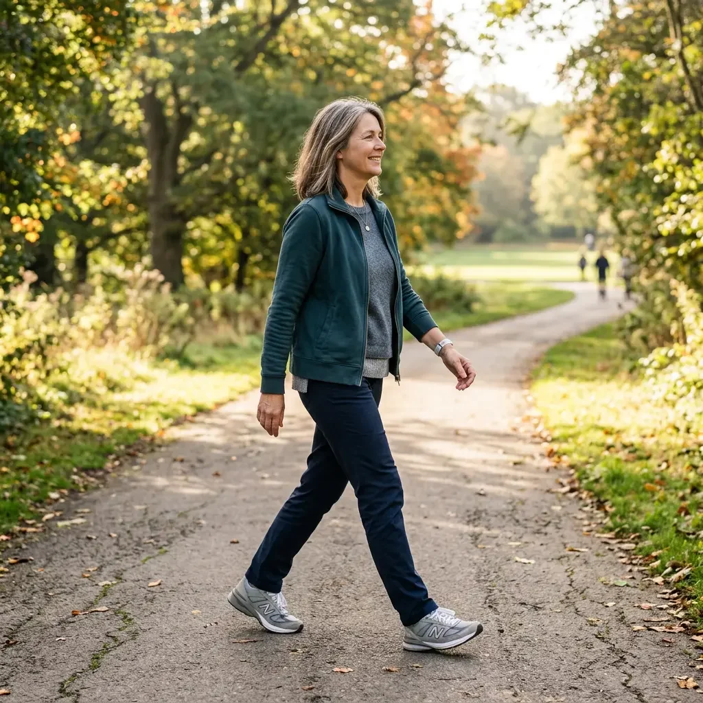 Woman in midlife walking outdoors — long-term hormone health and cardiovascular risk