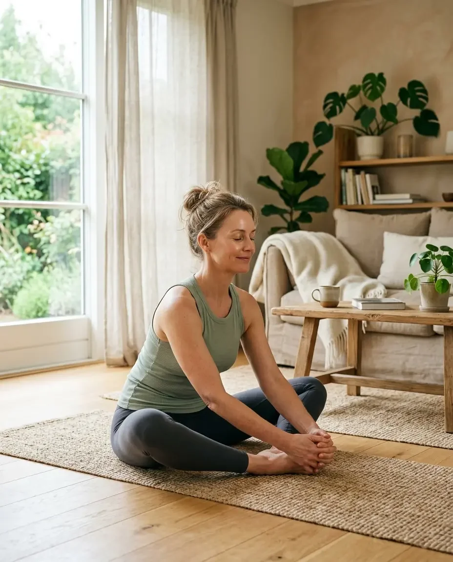Woman in her late 40s doing morning yoga representing the health benefits of menopausal hormone therapy at Ms.Medicine