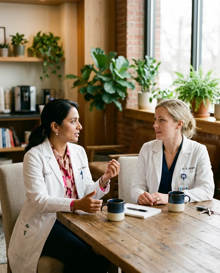 Two female physicians in honest conversation, representing the professional community and shared understanding that supports recovery from moral injury in women's health medicine