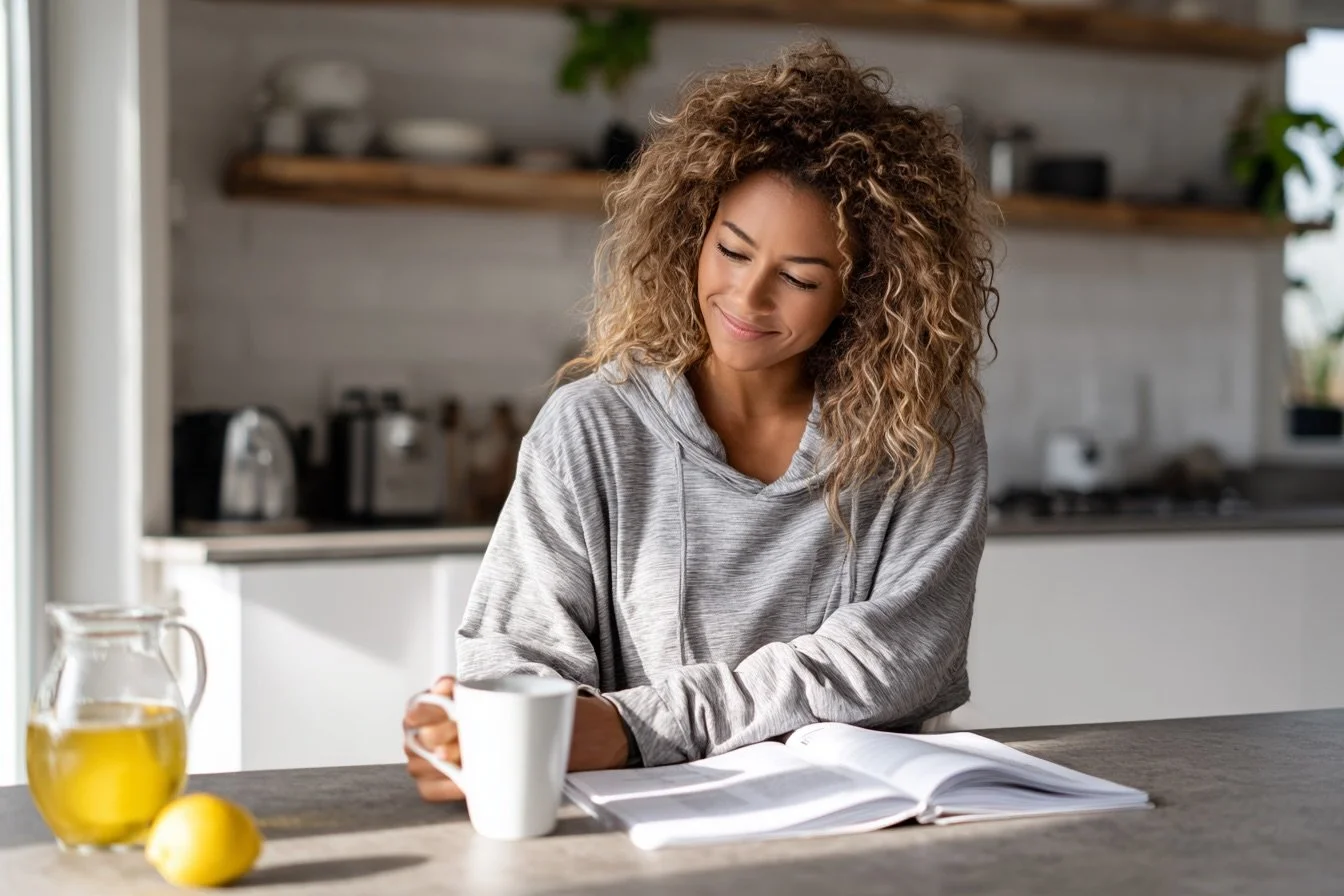 Woman in athleisure sitting at a kitchen table with a wellness planner and tea, smiling gently in soft morning light—symbolizing a calm, sustainable approach to health goals in the new year.